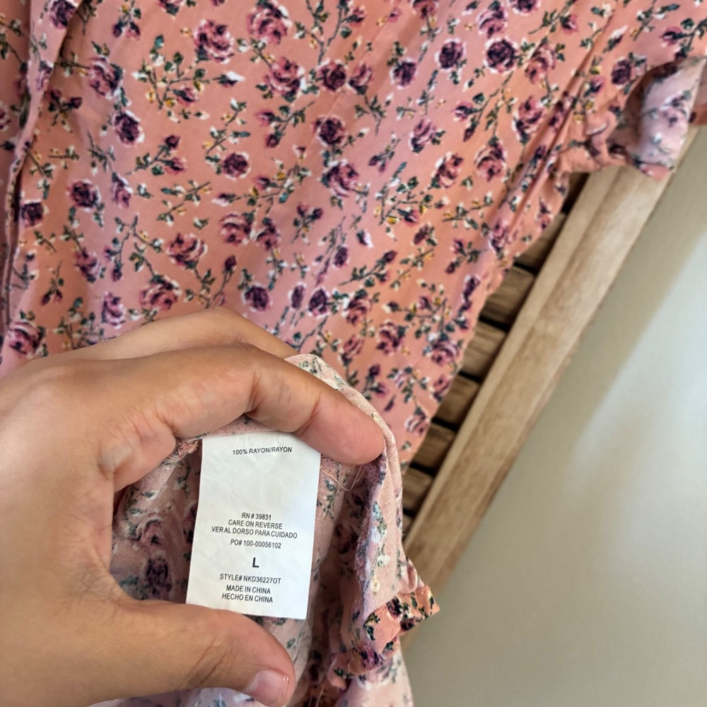 Kindred Women Boho Peach Pink Floral Button Front V-Neck Mini Dress L - Picture 5 of 7